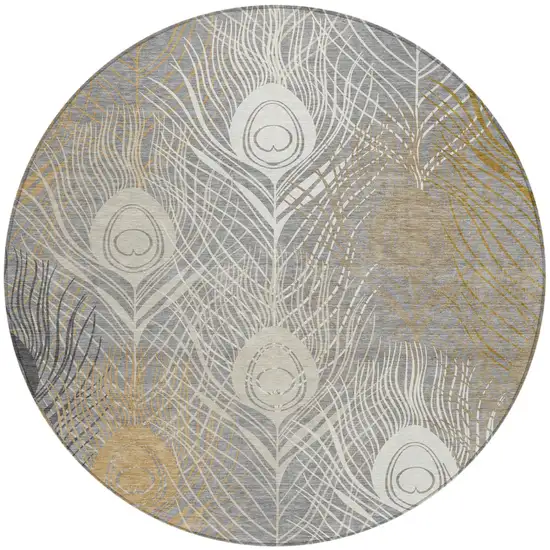 8' Gray Ivory And Gold Round Floral Washable Indoor Outdoor Area Rug Photo 2