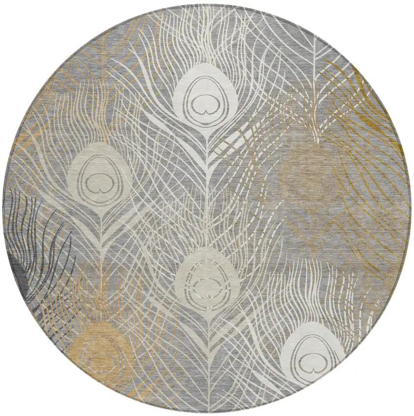 8' Gray Ivory And Gold Round Floral Washable Indoor Outdoor Area Rug Photo 2