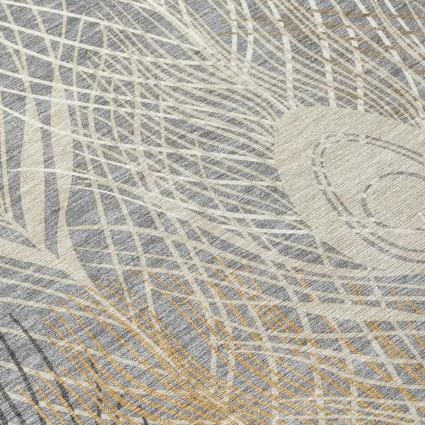8' Gray Ivory And Gold Round Floral Washable Indoor Outdoor Area Rug Photo 6