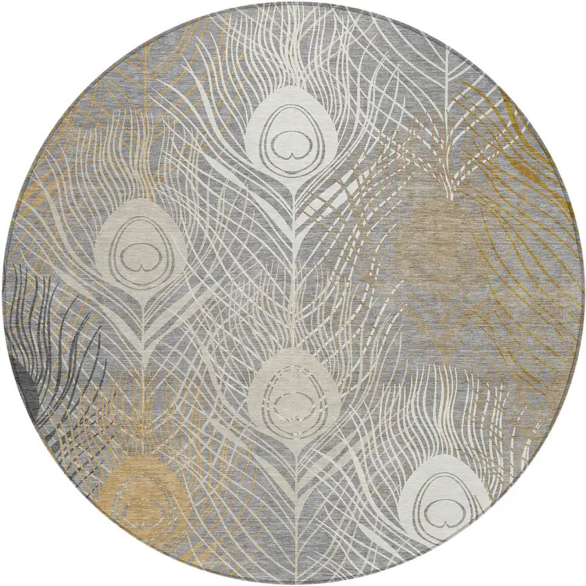 8' Gray Ivory And Gold Round Floral Washable Indoor Outdoor Area Rug Photo 2