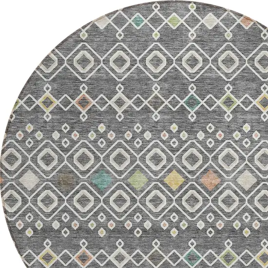 8' Gray Ivory And Gold Round Geometric Washable Indoor Outdoor Area Rug Photo 4