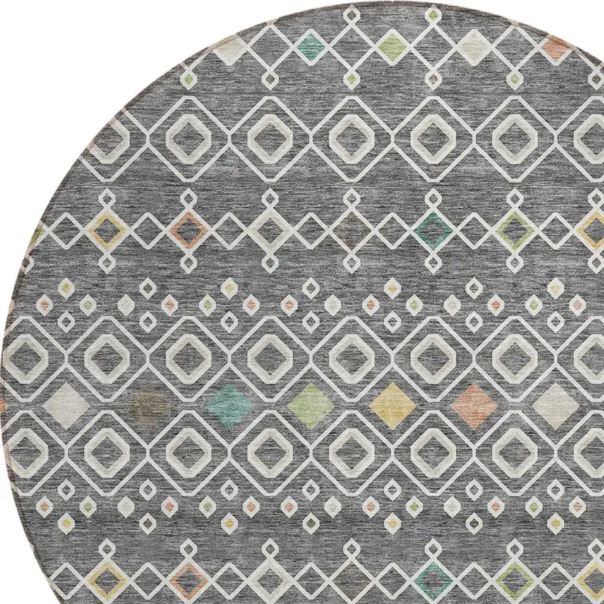 8' Gray Ivory And Gold Round Geometric Washable Indoor Outdoor Area Rug Photo 4