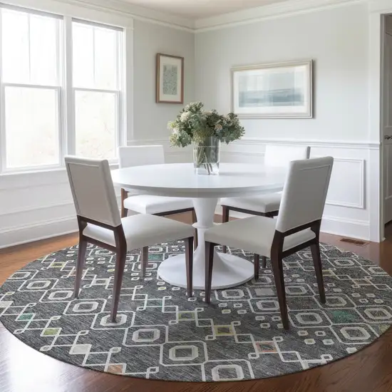 8' Gray Ivory And Gold Round Geometric Washable Indoor Outdoor Area Rug Photo 8