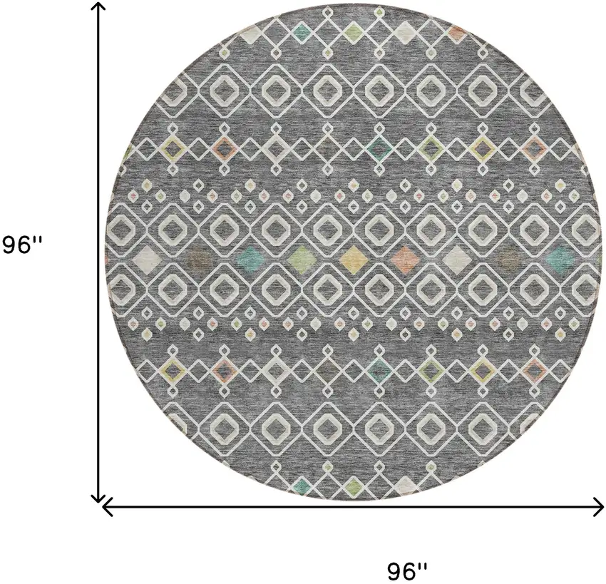8' Gray Ivory And Gold Round Geometric Washable Indoor Outdoor Area Rug Photo 3