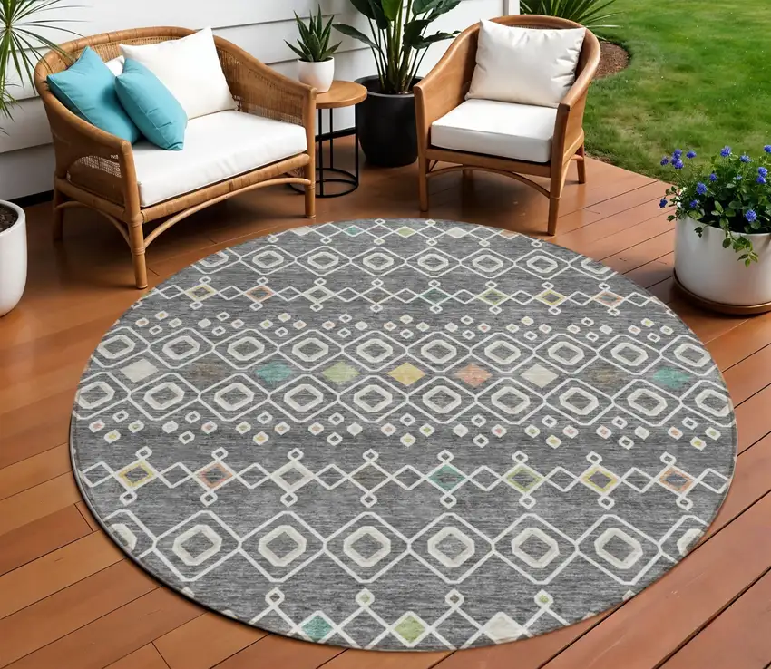8' Gray Ivory And Gold Round Geometric Washable Indoor Outdoor Area Rug Photo 1