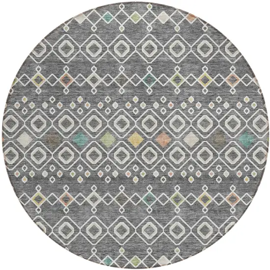 8' Gray Ivory And Gold Round Geometric Washable Indoor Outdoor Area Rug Photo 2