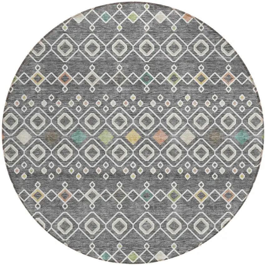 8' Gray Ivory And Gold Round Geometric Washable Indoor Outdoor Area Rug Photo 2