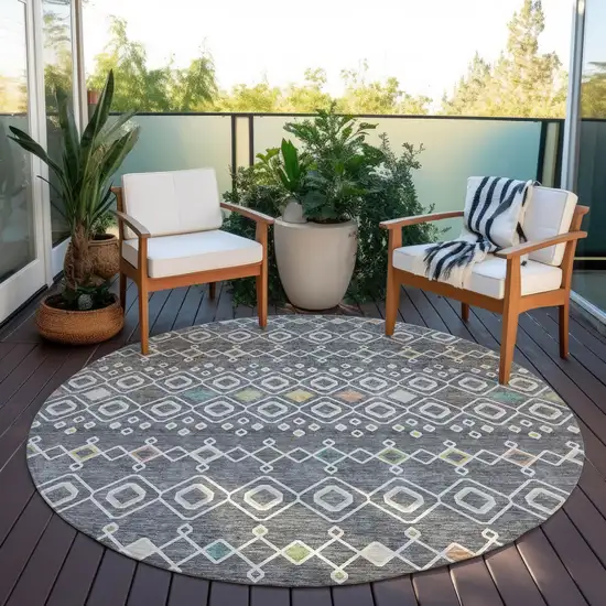 8' Gray Ivory And Gold Round Geometric Washable Indoor Outdoor Area Rug Photo 7