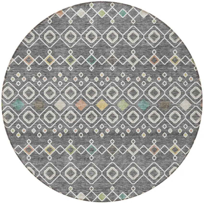 8' Gray Ivory And Gold Round Geometric Washable Indoor Outdoor Area Rug Photo 6