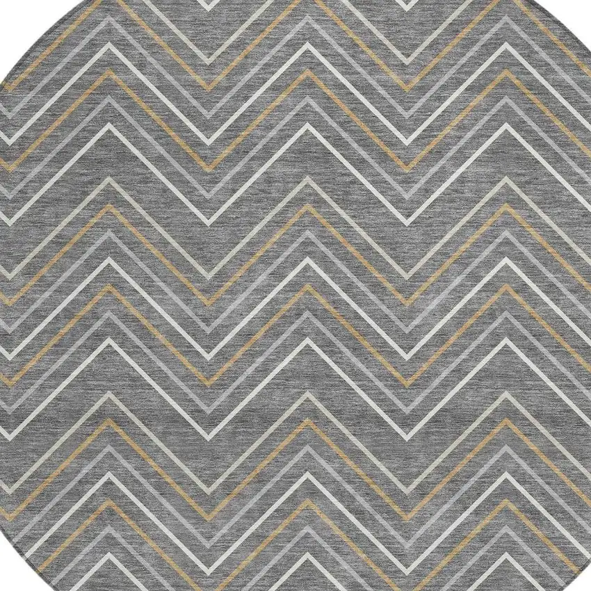 8' Gray Ivory And Gold Round Geometric Washable Indoor Outdoor Area Rug Photo 2