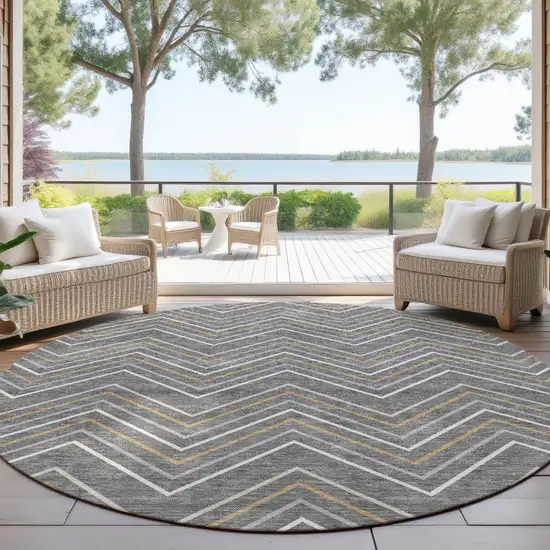 8' Gray Ivory And Gold Round Geometric Washable Indoor Outdoor Area Rug Photo 4