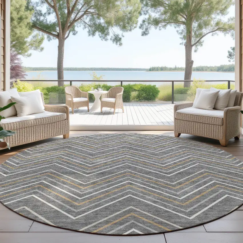 8' Gray Ivory And Gold Round Geometric Washable Indoor Outdoor Area Rug Photo 4