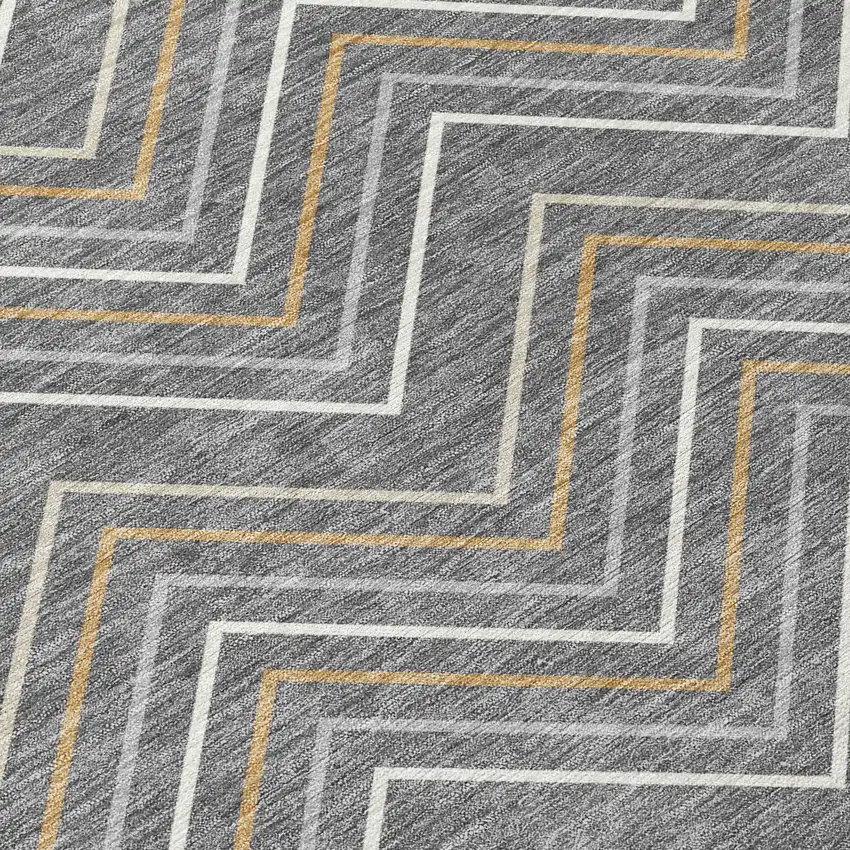 8' Gray Ivory And Gold Round Geometric Washable Indoor Outdoor Area Rug Photo 9