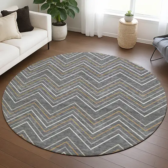 8' Gray Ivory And Gold Round Geometric Washable Indoor Outdoor Area Rug Photo 5