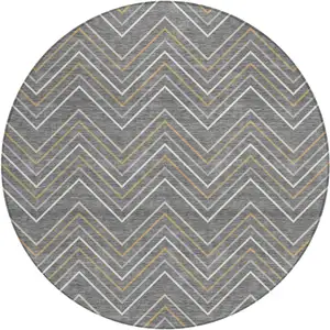 Photo of 8' Gray Ivory And Gold Round Geometric Washable Indoor Outdoor Area Rug
