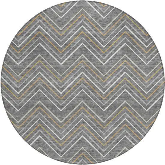 8' Gray Ivory And Gold Round Geometric Washable Indoor Outdoor Area Rug Photo 1