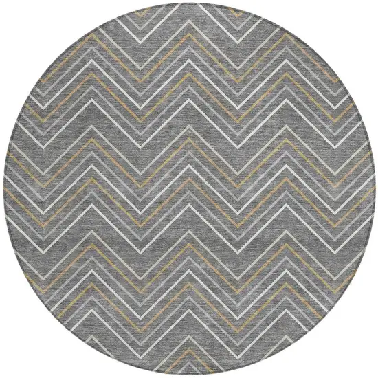 8' Gray Ivory And Gold Round Geometric Washable Indoor Outdoor Area Rug Photo 3