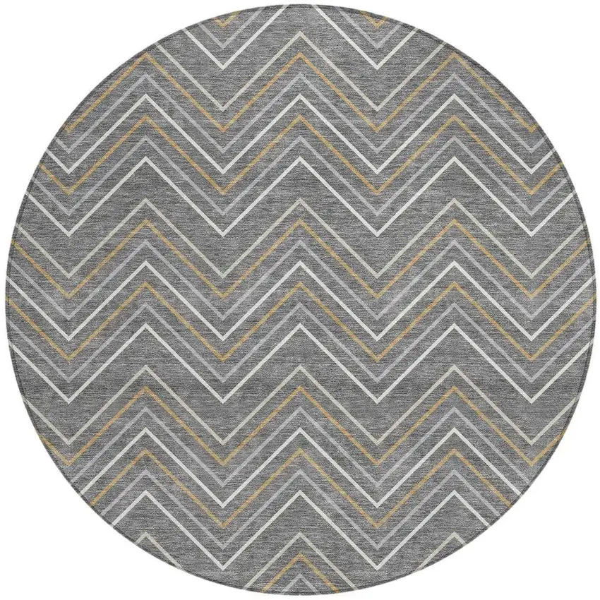 8' Gray Ivory And Gold Round Geometric Washable Indoor Outdoor Area Rug Photo 3