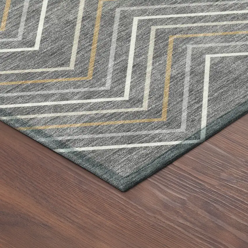 8' Gray Ivory And Gold Round Geometric Washable Indoor Outdoor Area Rug Photo 8