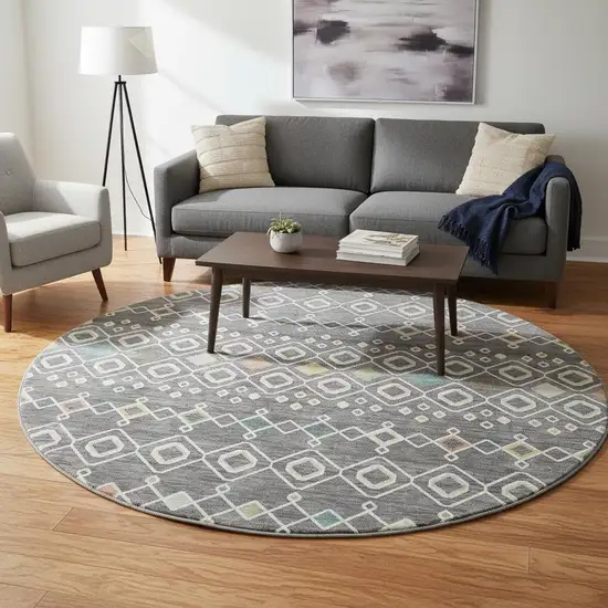 8' Gray Ivory And Gold Southwestern Washable Round Rug With UV Protection Photo 2