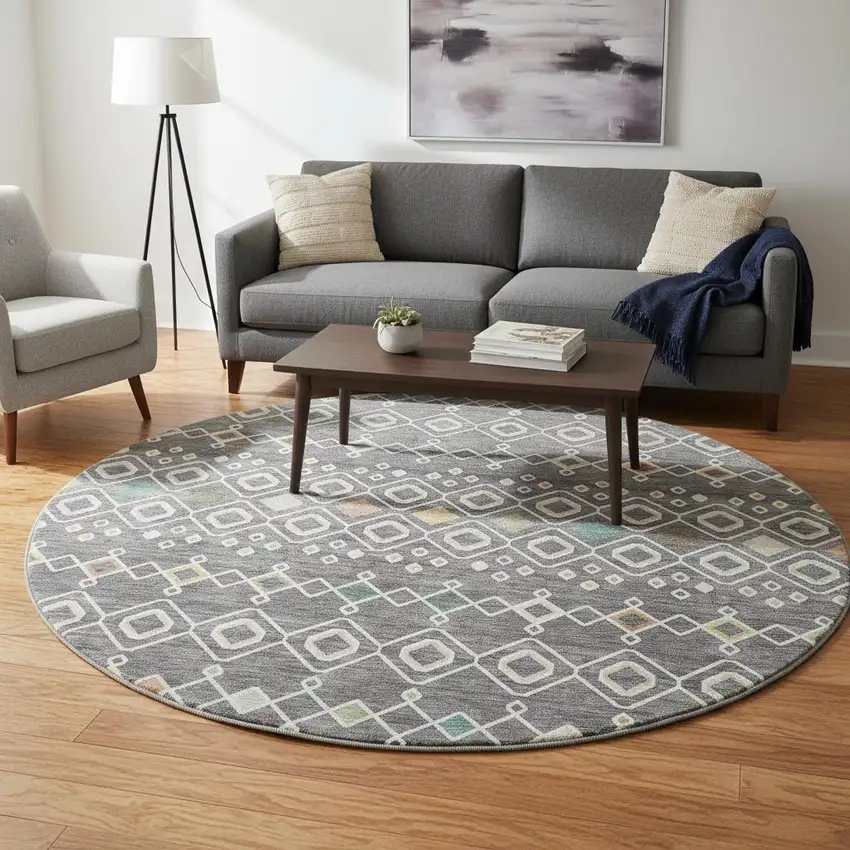 8' Gray Ivory And Gold Southwestern Washable Round Rug With UV Protection Photo 2