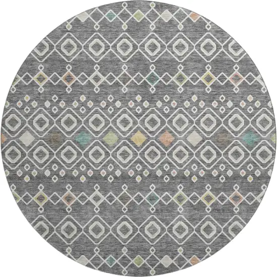 8' Gray Ivory And Gold Southwestern Washable Round Rug With UV Protection Photo 1