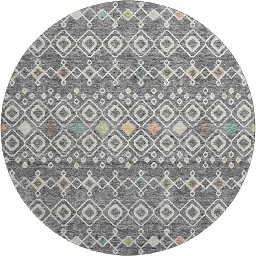 8' Gray Ivory And Gold Southwestern Washable Round Rug With UV Protection Photo 1