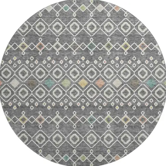 8' Gray Ivory And Gold Southwestern Washable Round Rug With UV Protection Photo 3