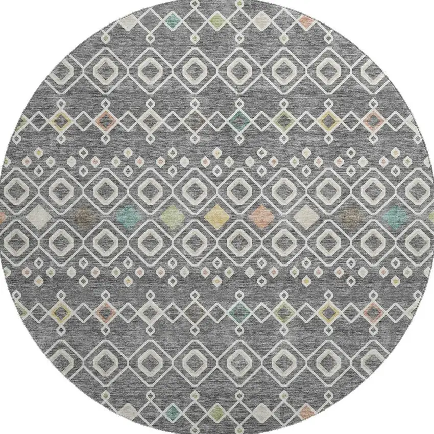 8' Gray Ivory And Gold Southwestern Washable Round Rug With UV Protection Photo 3