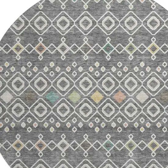 8' Gray Ivory And Gold Southwestern Washable Round Rug With UV Protection Photo 2