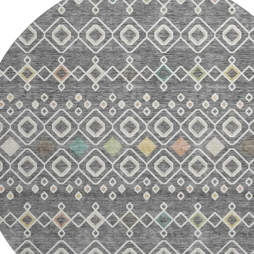 8' Gray Ivory And Gold Southwestern Washable Round Rug With UV Protection Photo 2