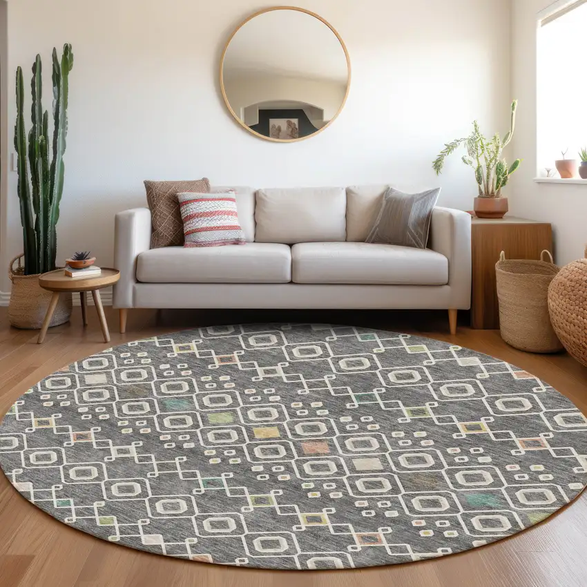 8' Gray Ivory And Gold Southwestern Washable Round Rug With UV Protection Photo 4