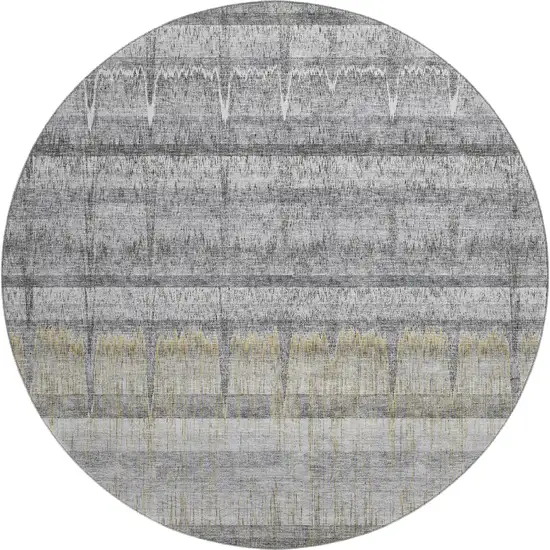 8' Gray Ivory And Gold Striped Washable Round Rug With UV Protection Photo 1