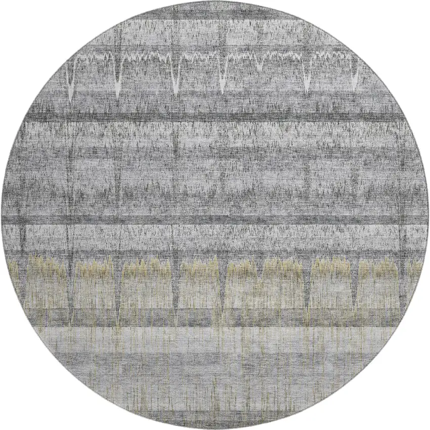 8' Gray Ivory And Gold Striped Washable Round Rug With UV Protection Photo 1