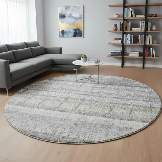 8' Gray Ivory And Gold Striped Washable Round Rug With UV Protection Photo 2