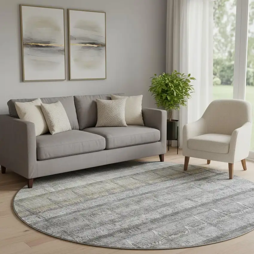 8' Gray Ivory And Gold Striped Washable Round Rug With UV Protection Photo 1