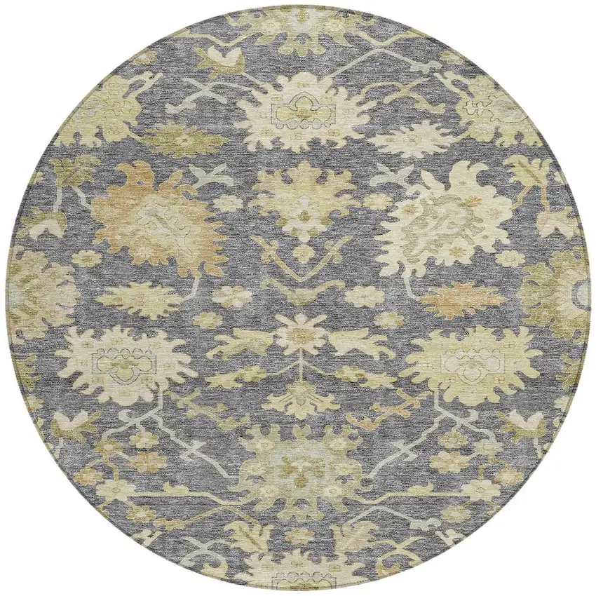 8' Gray Ivory And Green Round Floral Washable Indoor Outdoor Area Rug Photo 7
