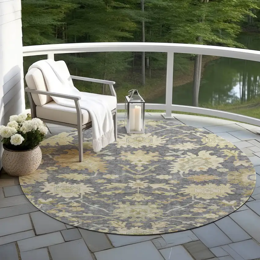 8' Gray Ivory And Green Round Floral Washable Indoor Outdoor Area Rug Photo 8