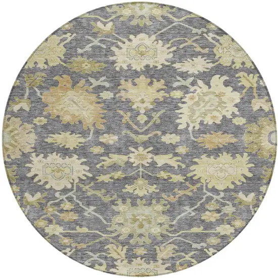 8' Gray Ivory And Green Round Floral Washable Indoor Outdoor Area Rug Photo 2