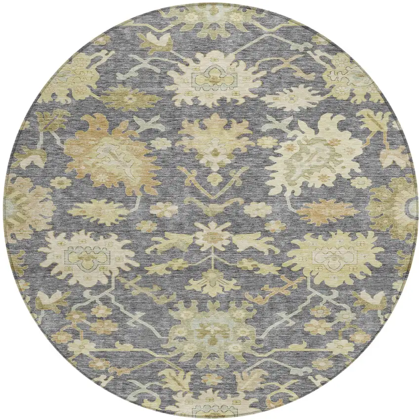 8' Gray Ivory And Green Round Floral Washable Indoor Outdoor Area Rug Photo 2