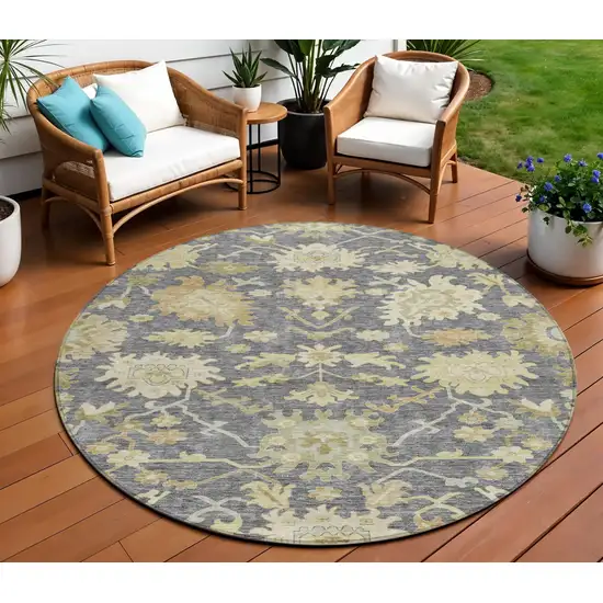 8' Gray Ivory And Green Round Floral Washable Indoor Outdoor Area Rug Photo 1