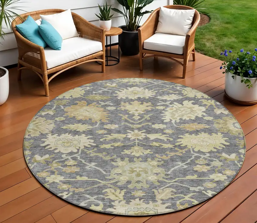 8' Gray Ivory And Green Round Floral Washable Indoor Outdoor Area Rug Photo 1