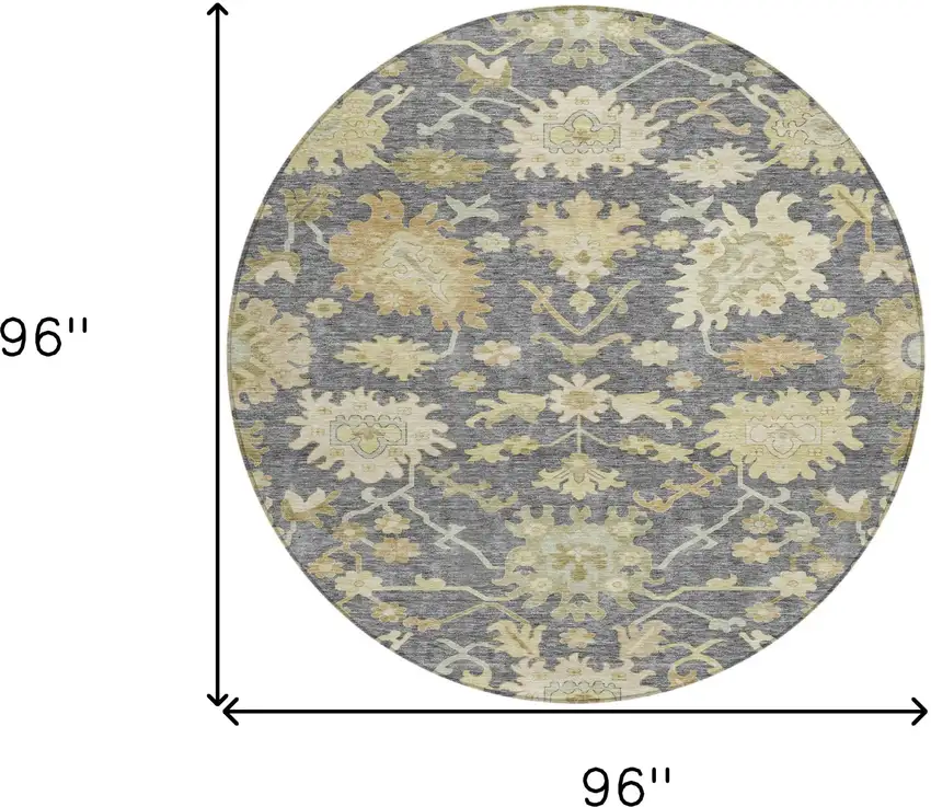 8' Gray Ivory And Green Round Floral Washable Indoor Outdoor Area Rug Photo 8