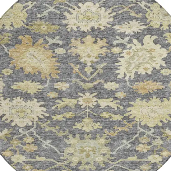 8' Gray Ivory And Green Round Floral Washable Indoor Outdoor Area Rug Photo 6