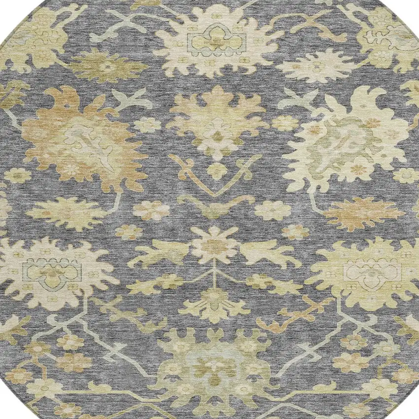 8' Gray Ivory And Green Round Floral Washable Indoor Outdoor Area Rug Photo 6