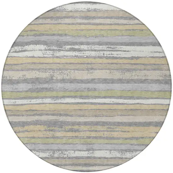 8' Gray Ivory And Green Round Striped Washable Indoor Outdoor Area Rug Photo 5
