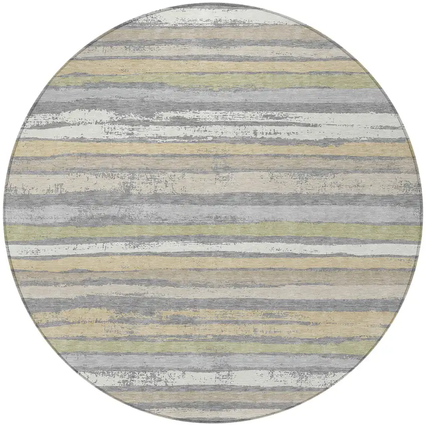 8' Gray Ivory And Green Round Striped Washable Indoor Outdoor Area Rug Photo 5