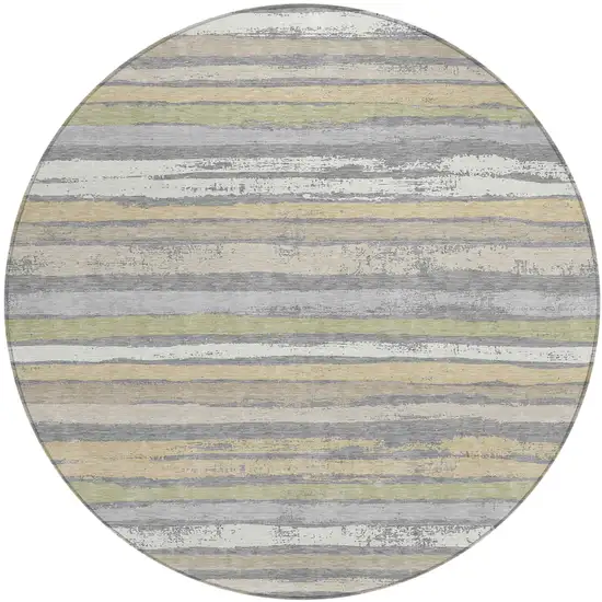 8' Gray Ivory And Green Round Striped Washable Indoor Outdoor Area Rug Photo 2