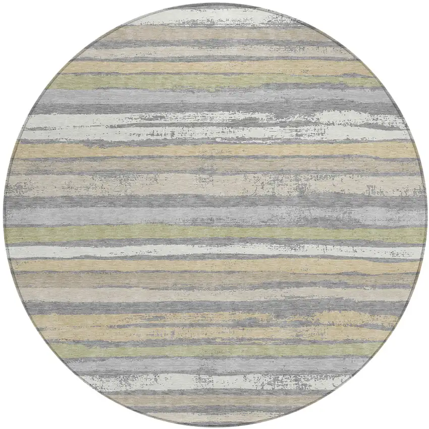 8' Gray Ivory And Green Round Striped Washable Indoor Outdoor Area Rug Photo 2