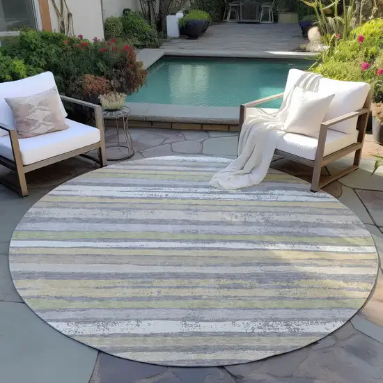 8' Gray Ivory And Green Round Striped Washable Indoor Outdoor Area Rug Photo 6